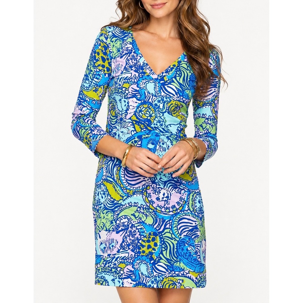LILLY PULITZER Christie Cat Print V Neck 3/4 Sleeve Dress in Multi Catitude